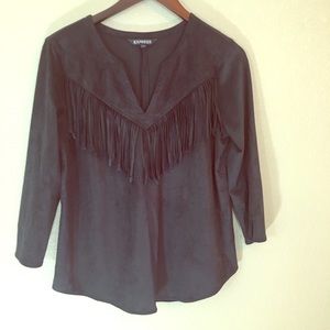 Express black faux suede fringe v neck Long sleeve